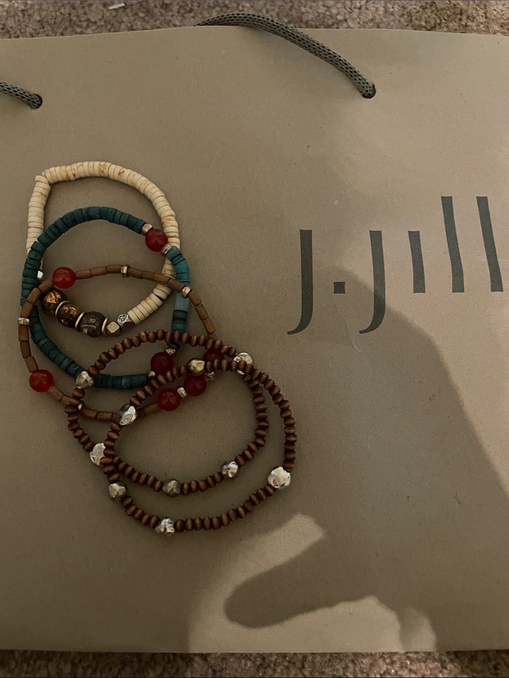 J. Jill Brown, Teal, Cream & Red Beaded Bracelet Stack